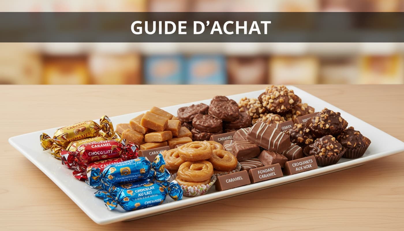 Assortiment de bonbons au chocolat et caramels fondants sur un plateau blanc moderne avec le texte GUIDE D'ACHAT en superposition sur un bandeau sombre.