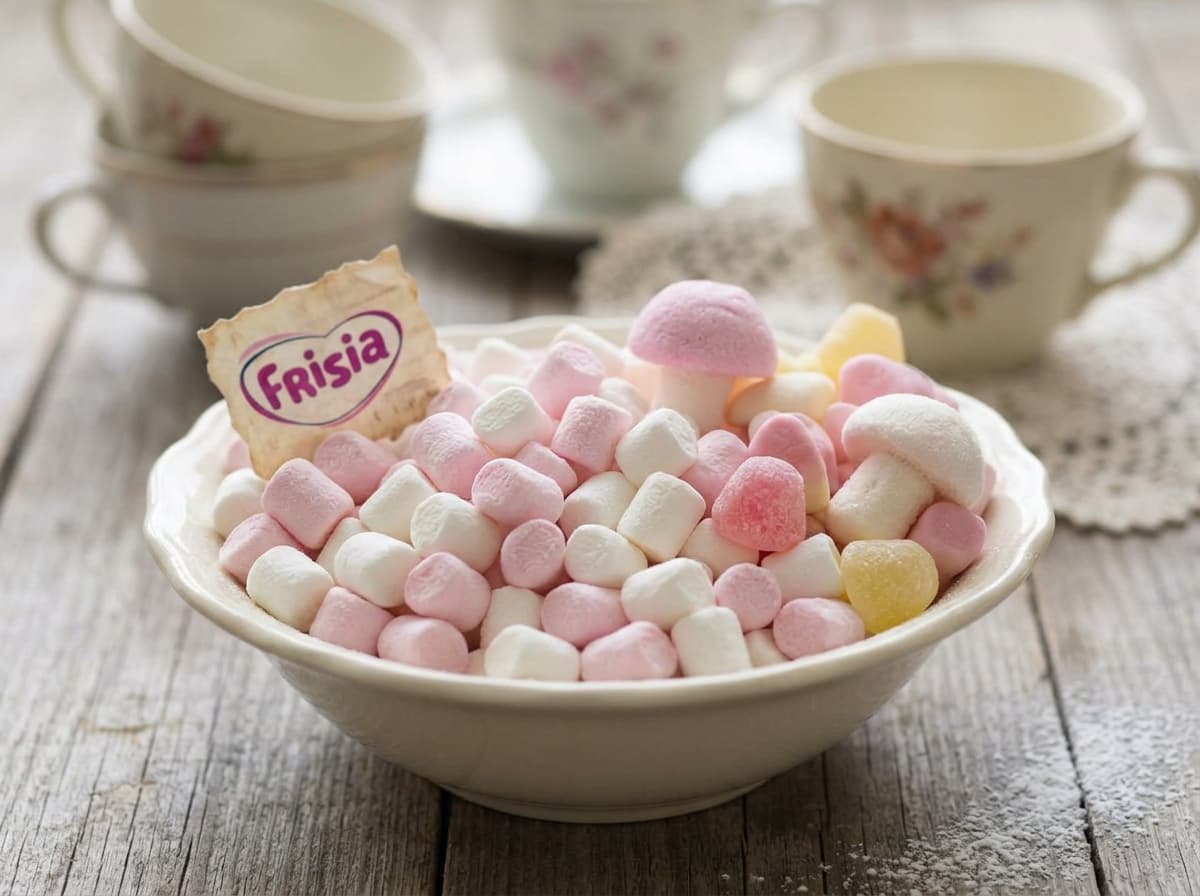 Guimauves et bonbons tendres Frisia roses et blancs empilés dans un bol en porcelaine montrant une texture moelleuse sous un éclairage naturel.