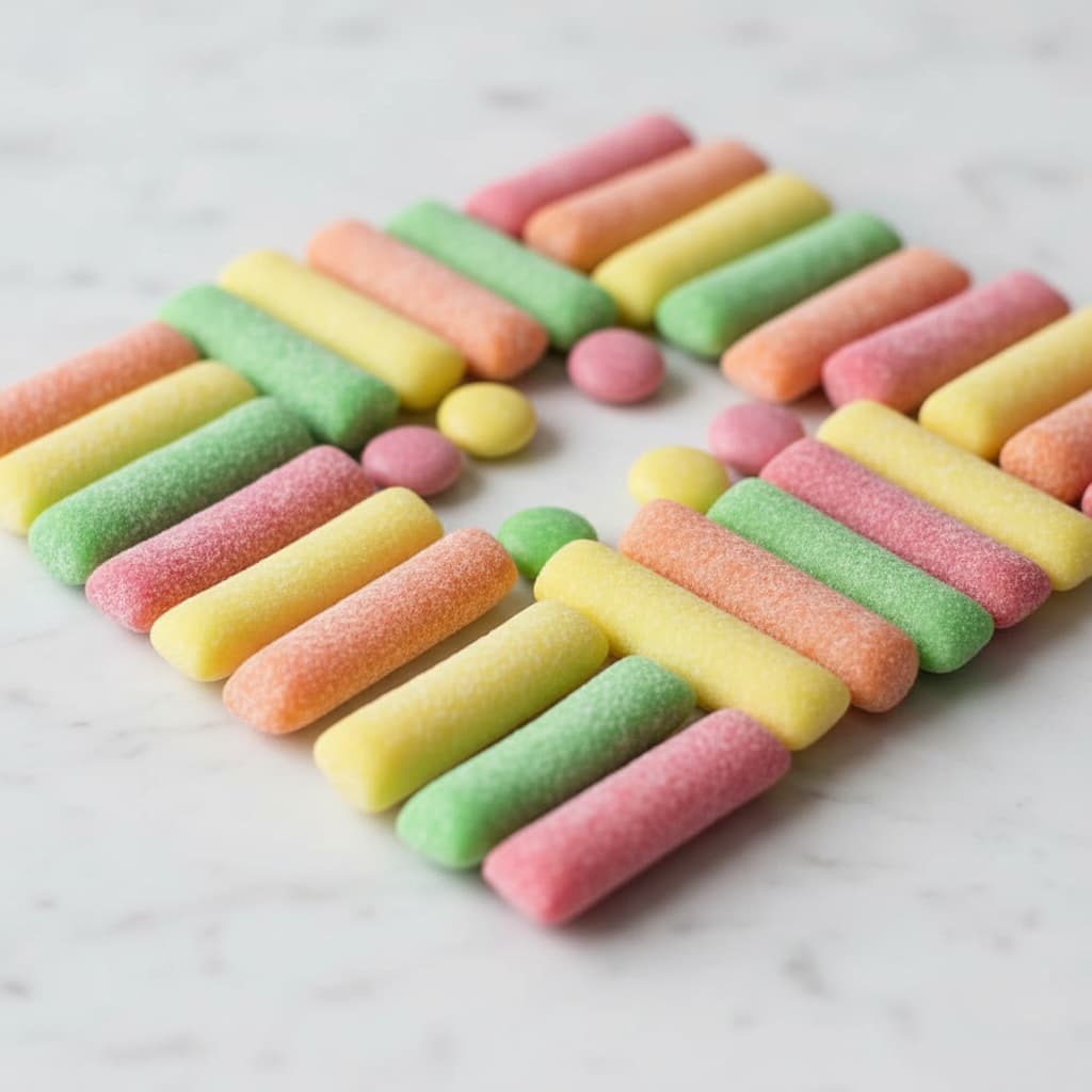 Bâtonnets acidulés et dragées Hitschies aux tons pastel disposés en motif géométrique moderne mettant en valeur leur texture lisse et semi-mate.