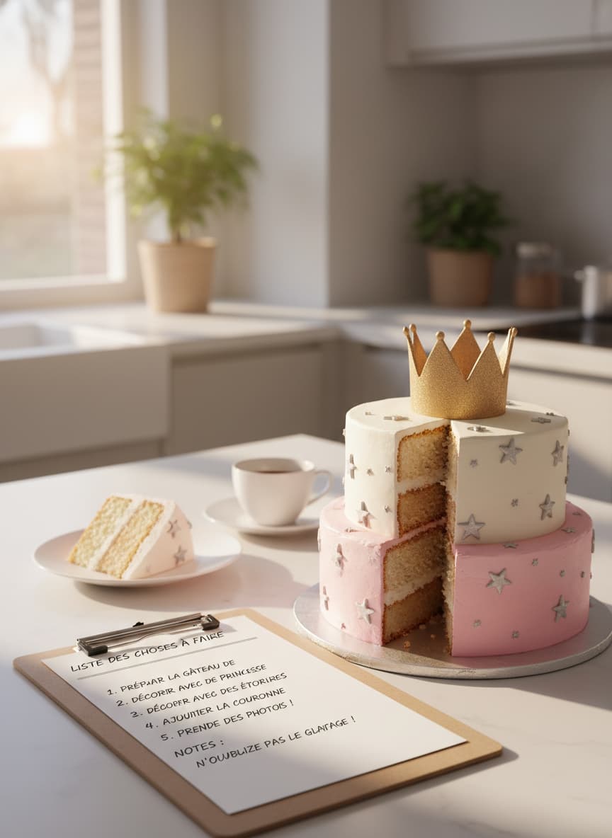 Un bloc-notes avec une liste de contrôle en français posé sur un comptoir de cuisine à côté d'un gâteau princesse décoré d'étoiles et d'une couronne, éclairé par une lumière matinale douce.
