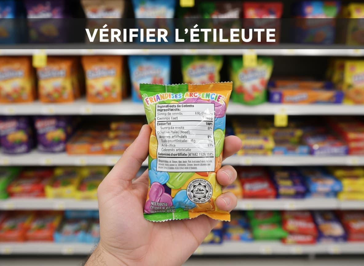 Une main tient un sachet de bonbons colorés dans un rayon de supermarché en montrant précisément la liste des ingrédients et un logo de certification halal.
