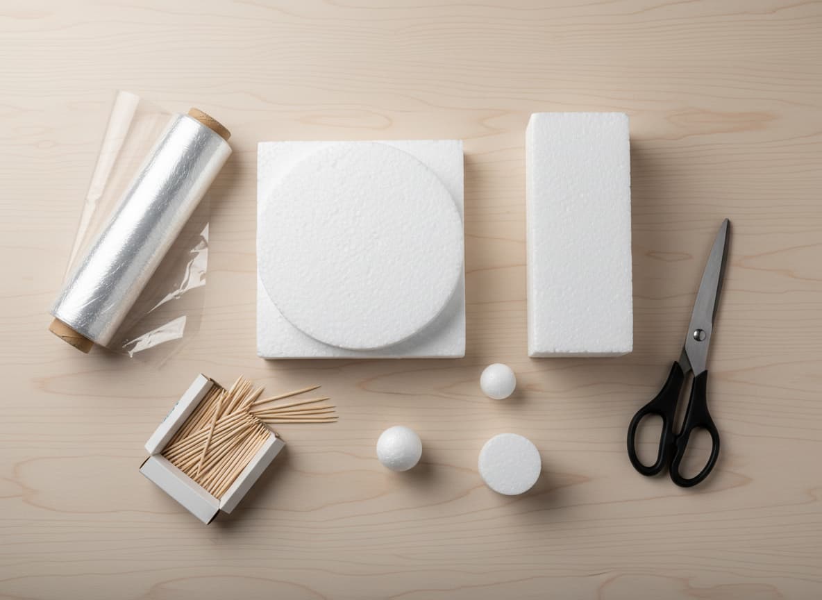 Des blocs de polystyrène blanc, du film étirable, des cure-dents et des ciseaux sont soigneusement alignés sur un plan de travail en bois clair.