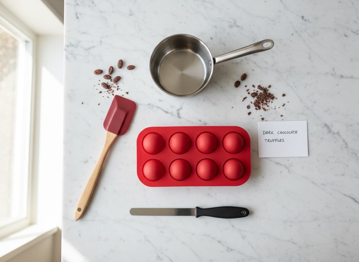 Ustensiles pour chocolatier comprenant moule en silicone rouge, spatule coudée, et casserole inox sur plan de travail en marbre clair.