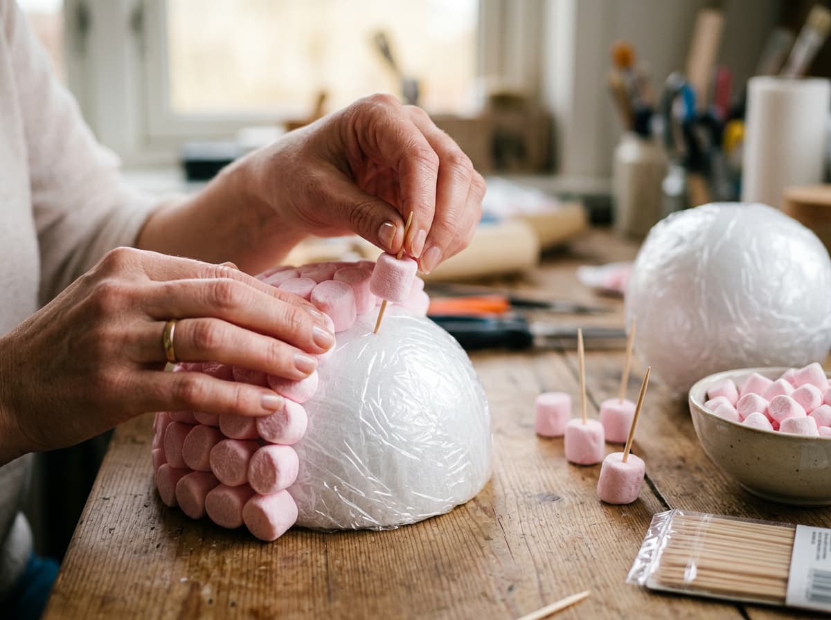 Des mains fixent avec précision des guimauves roses moelleuses sur une base en polystyrène protégée par du film plastique en utilisant des cure-dents.