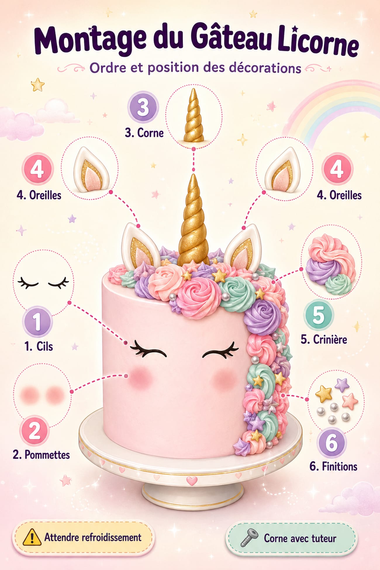 Schéma assemblage gâteau licorne étapes numérotées