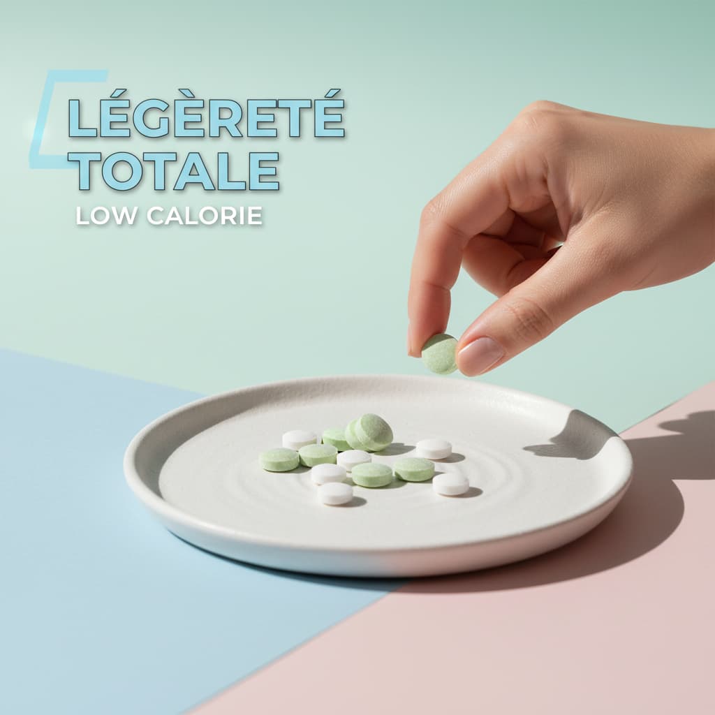 Une poignée de pastilles blanches à la menthe sur fond pastel doux, avec le texte LÉGÈRETÉ TOTALE en lettres capitales et une ombre portée.