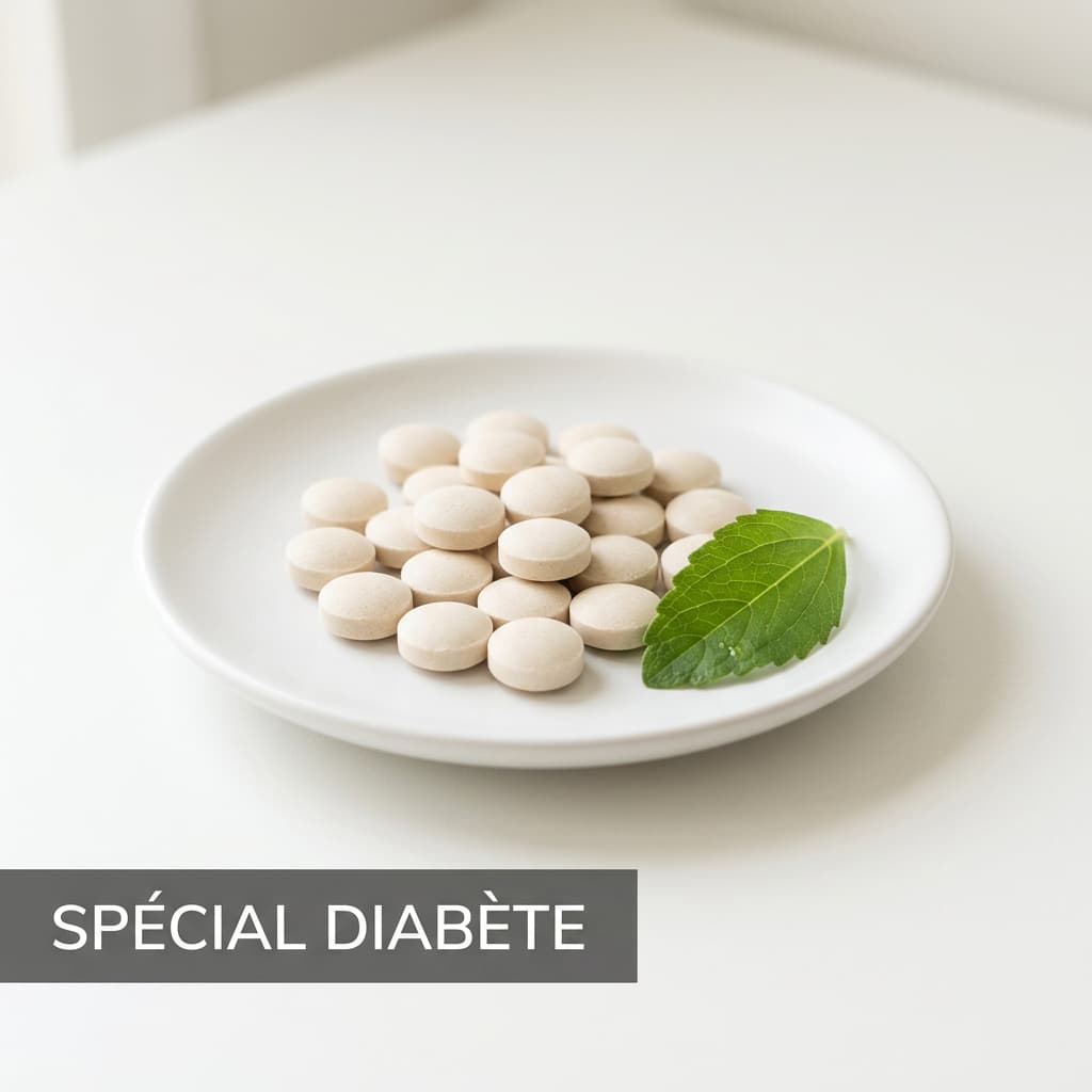 Des pastilles sans sucre élégantes sont disposées sur une assiette en céramique blanche avec une feuille de stévia et l'inscription SPÉCIAL DIABÈTE.