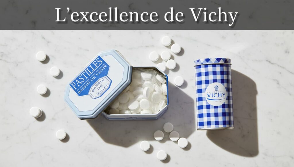 Des pastilles Vichy blanches octogonales sont disposées sur du marbre blanc près d'une boîte métallique ancienne sous le texte L'excellence de Vichy.