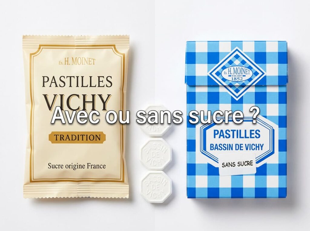 Emballages de pastilles Vichy : sachet traditionnel chaud et boîte bleue sans sucre avec quelques pastilles blanches sous le texte.
