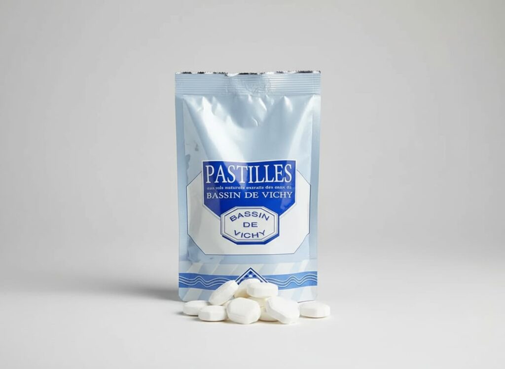 Sachet de pastilles de Vichy à rayures jaunes et blanches, ouvert et posé debout, avec des bonbons octogonaux blancs éparpillés sur un fond gris neutre.
