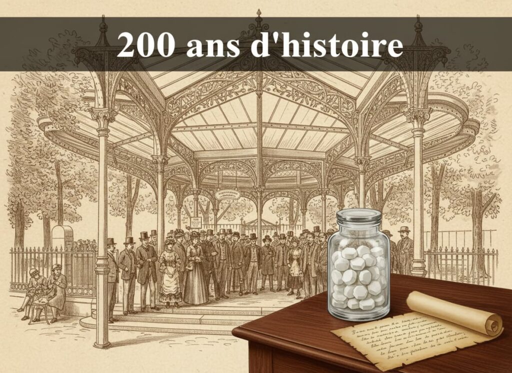 Grand pavillon thermal de Vichy du XIXe siècle en sépia avec un bocal de pastilles octogonales sur un bureau et le texte 200 ans d'histoire.