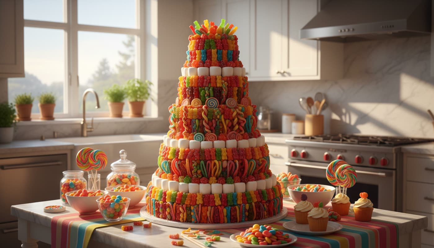 Pièce montée de bonbons multicolores, oursons gélifiés et guimauves sur une table de fête dans une cuisine moderne baignée de lumière naturelle.