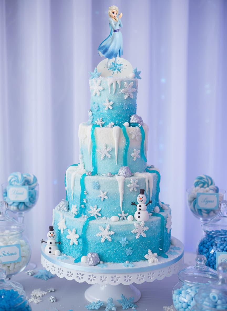 Pièce montée de bonbons bleu clair et argent, ornée de cristaux de sucre, guimauves en flocons et rubans gélifiés dans une ambiance hivernale féerique.