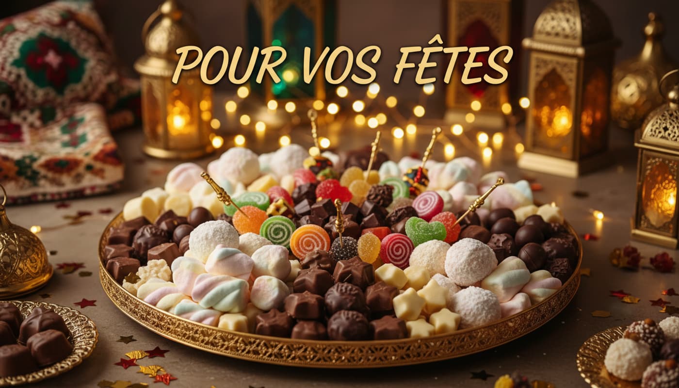 Plateau doré garni de guimauves halal et chocolats sur une table festive aux lumières tamisées avec l'inscription Pour vos fêtes.