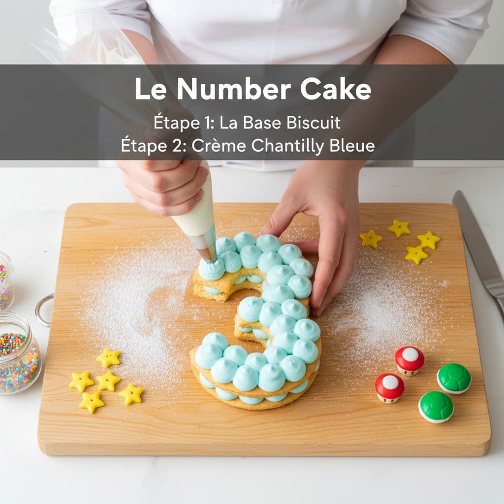 Vue plongeante des mains d'un pâtissier assemblant un Number Cake Mario avec une poche à douille, des étoiles jaunes et champignons rouges, texte superposé 'Le Number Cake'.