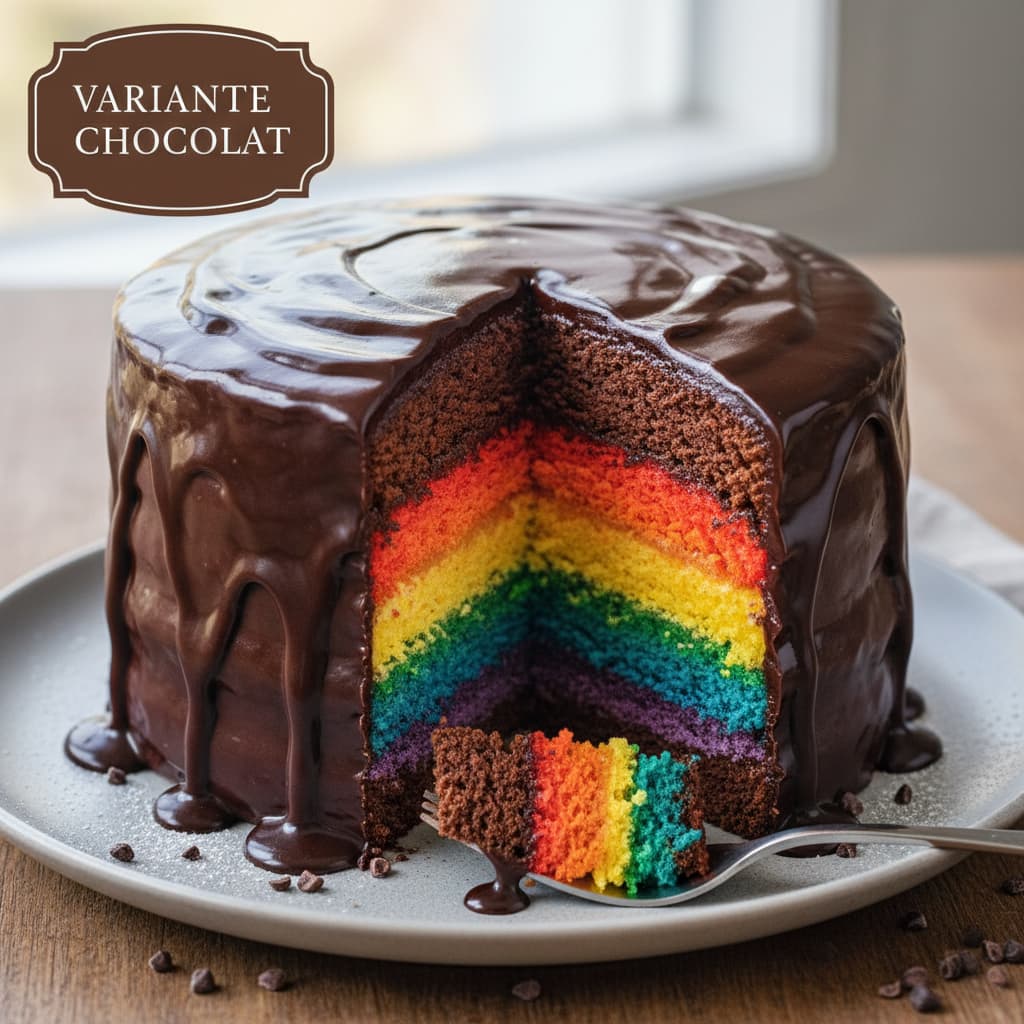 Gâteau arc-en-ciel variante chocolat, tranche révélant les couches colorées