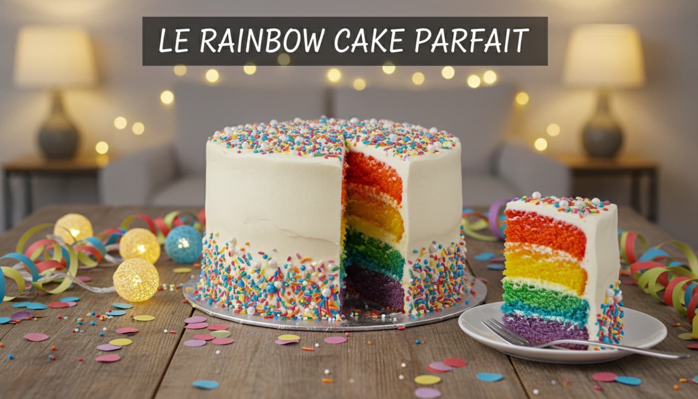 Gâteau arc-en-ciel avec glaçage blanc, sprinkles et tranche colorée