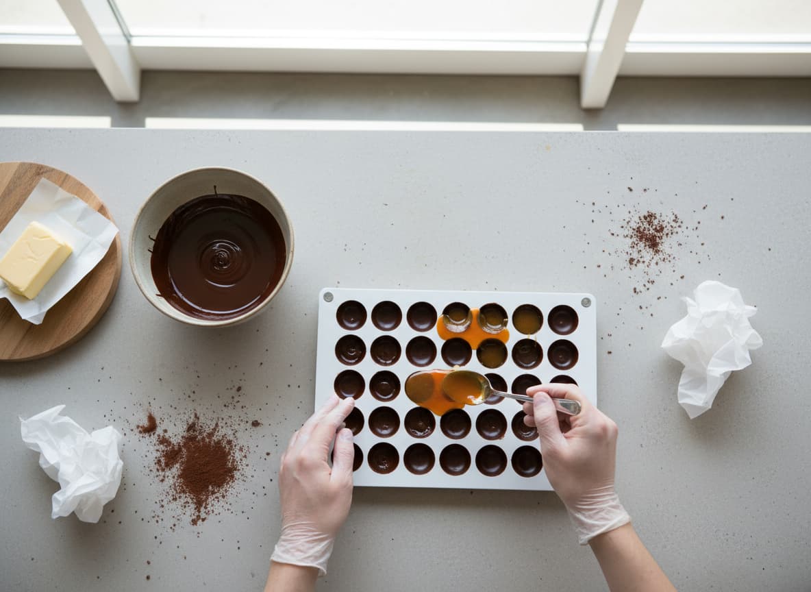 Mains versant du caramel ambré liquide dans des coques en chocolat noir au sein d'un moule en silicone, avec du chocolat fondu et du beurre en arrière-plan.