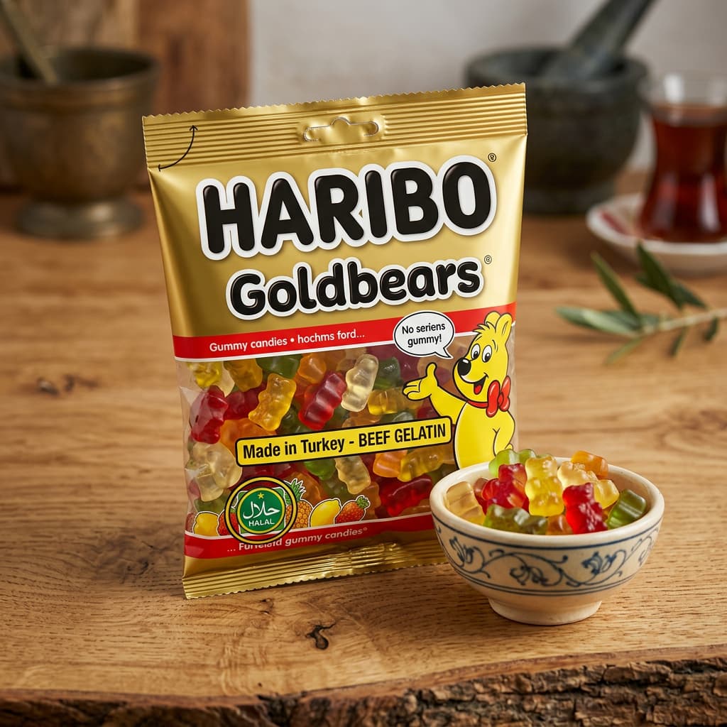 Un sachet de bonbons Haribo Halal turc posé sur une table en bois à côté d'un bol en céramique rempli d'oursons Goldbears colorés.