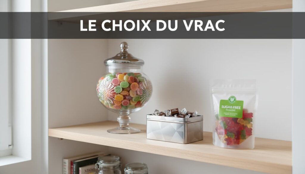 Bonbons sans sucre dans un bocal en verre, une boîte en métal et un sachet plastique avec le texte LE CHOIX DU VRAC sur une étagère de garde-manger moderne.