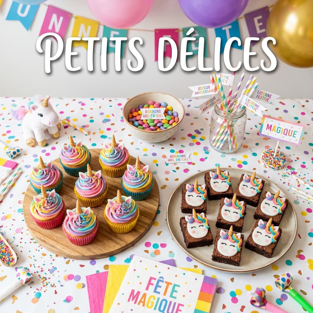 Vue de dessus d'une table de fête avec des cupcakes et brownies décorés aux licornes, fondants et arcs-en-ciel, texte 'PETITS DÉLICES'.