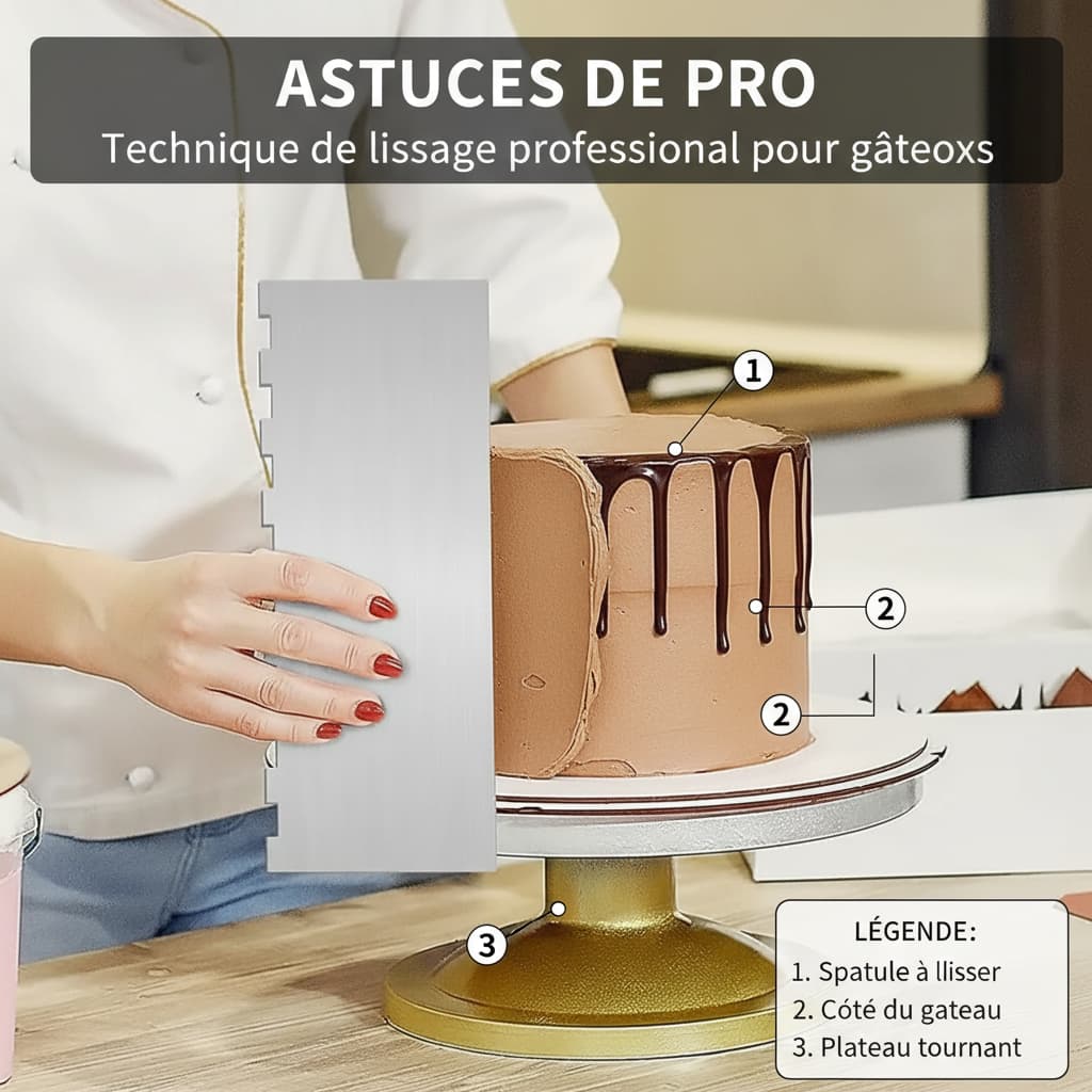 Une main lisse un gâteau à coulures sur un plateau tournant avec une spatule en métal, accompagnée d'annotations numérotées et du texte ASTUCES DE PRO.