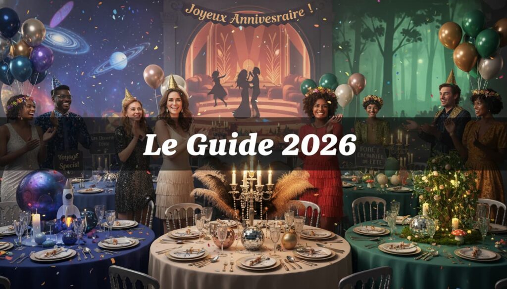 Scène de fête d'anniversaire avec ballons colorés, tables élégantes et arrière-plan évoquant l'espace et le glamour rétro, sur lequel est superposé le texte 'Le Guide 2026'.