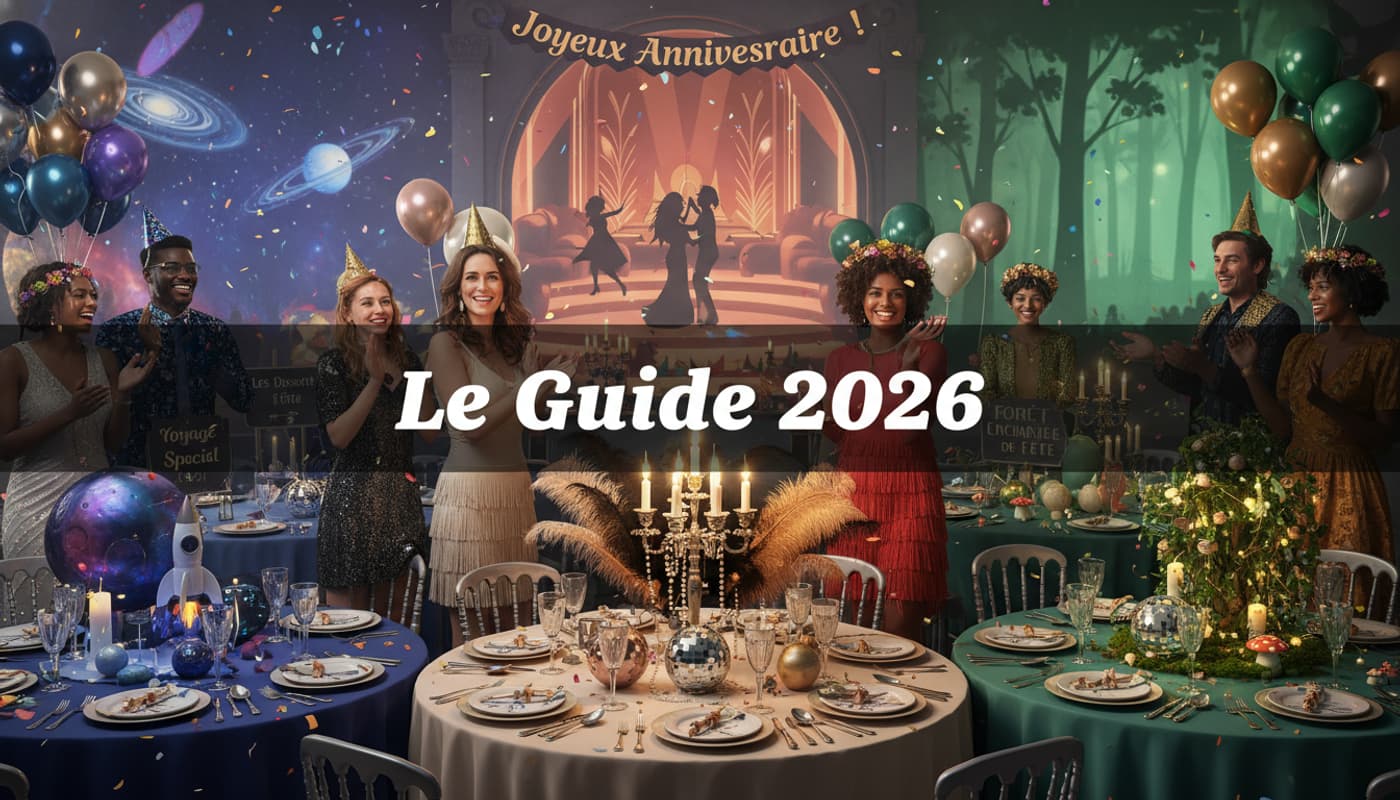 Scène de fête d'anniversaire avec ballons colorés, tables élégantes et arrière-plan évoquant l'espace et le glamour rétro, sur lequel est superposé le texte 'Le Guide 2026'.