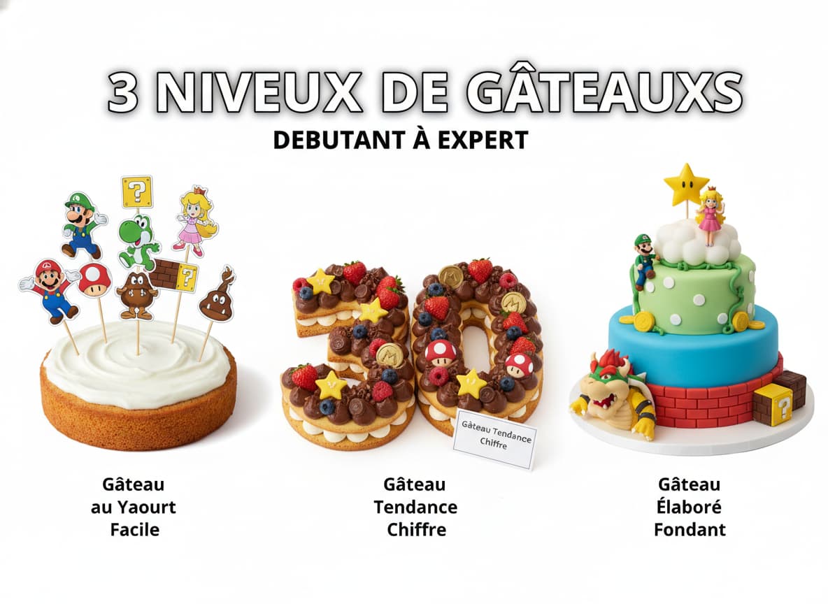 Trois gâteaux Mario alignés côte à côte sur fond blanc : un yaourt avec toppers, un number cake à la ganache et un gâteau multi-étagé recouvert de pâte à sucre avec figurines, avec le texte '3 niveaux de gâteaux' en superposition.