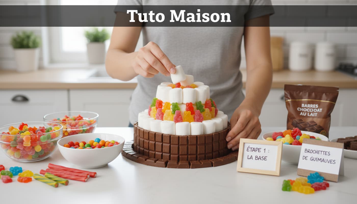 Deux mains assemblent un gâteau de bonbons sur un comptoir en fixant des guimauves avec des cure-dents, entourées de bols sous un bandeau marqué Tuto Maison.