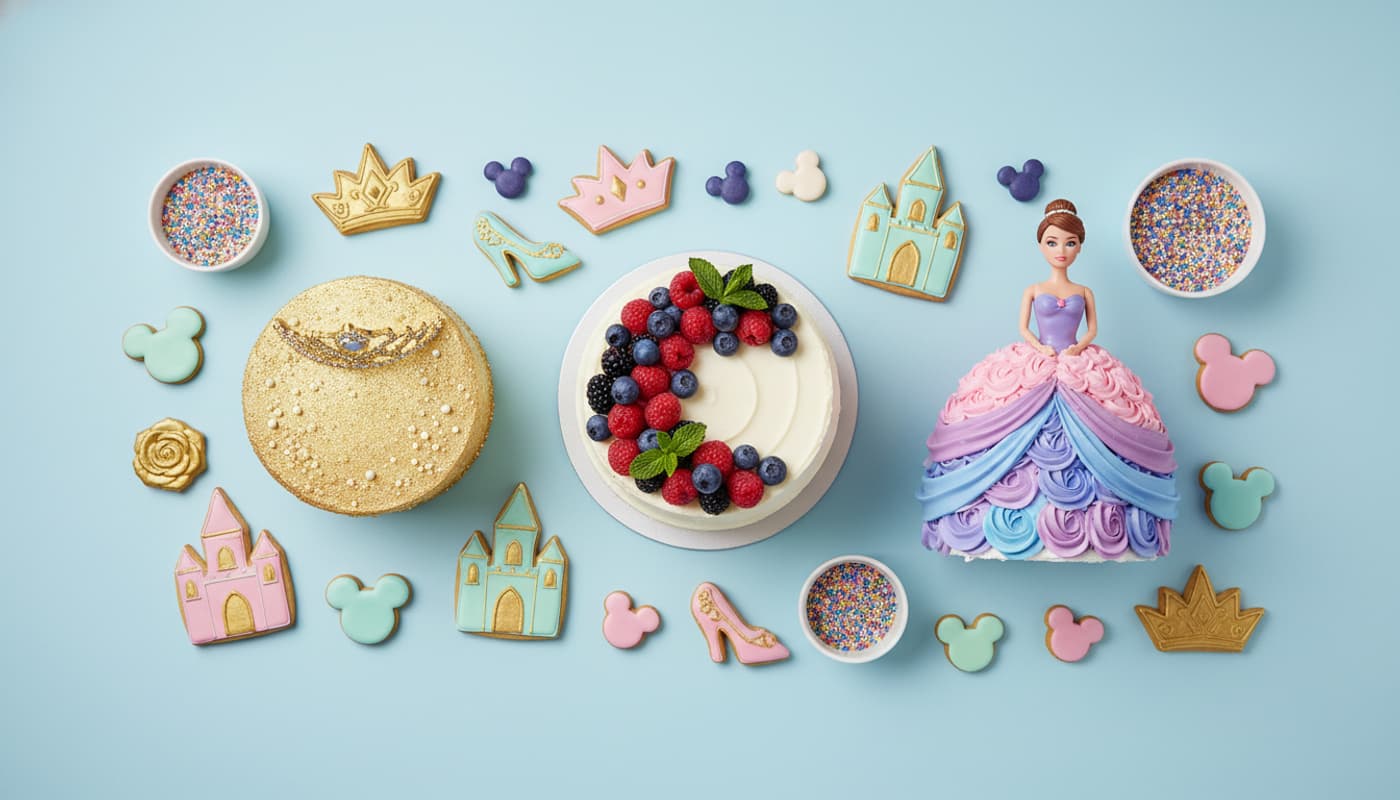 Composition à plat sur fond bleu clair de plusieurs gâteaux princesse : un gâteau nu aux baies fraîches, un gâteau scintillant doré, un gâteau poupée avec une robe en glaçage et des palettes de couleurs Disney.