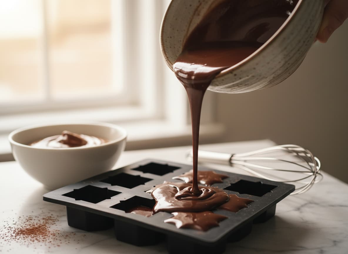 Chocolat noir tempéré et brillant coule d'un bol vers un moule en silicone lisse, avec ganache et fouet en arrière-plan dans une cuisine.