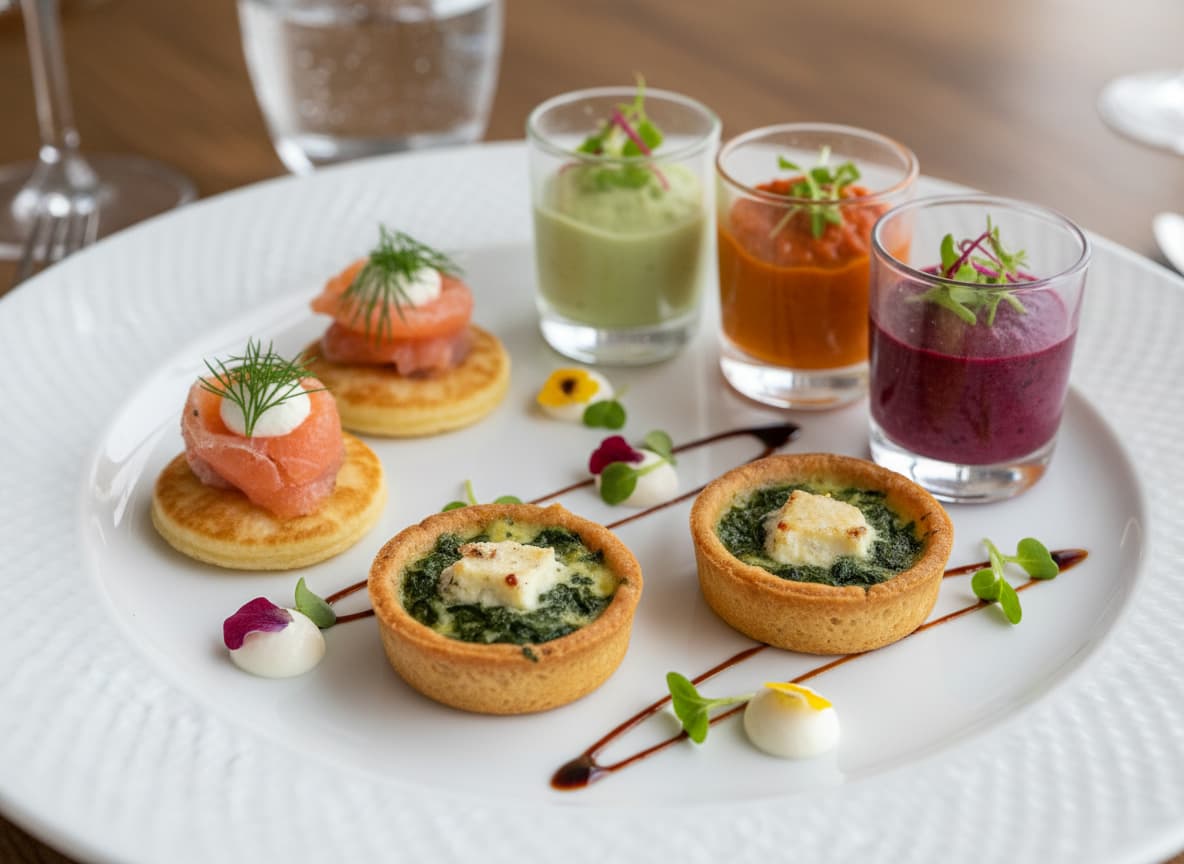 Close-up d'un assortiment de canapés surgelés gourmet sur une assiette en céramique blanche, avec des blinis, tartes et mousses colorées.