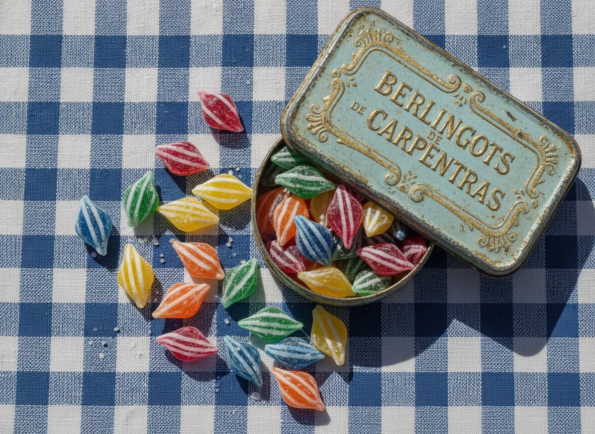 Des berlingots de Carpentras colorés en forme de losanges se renversent d'une boîte métallique vintage sur une nappe provençale lumineuse vue du dessus.