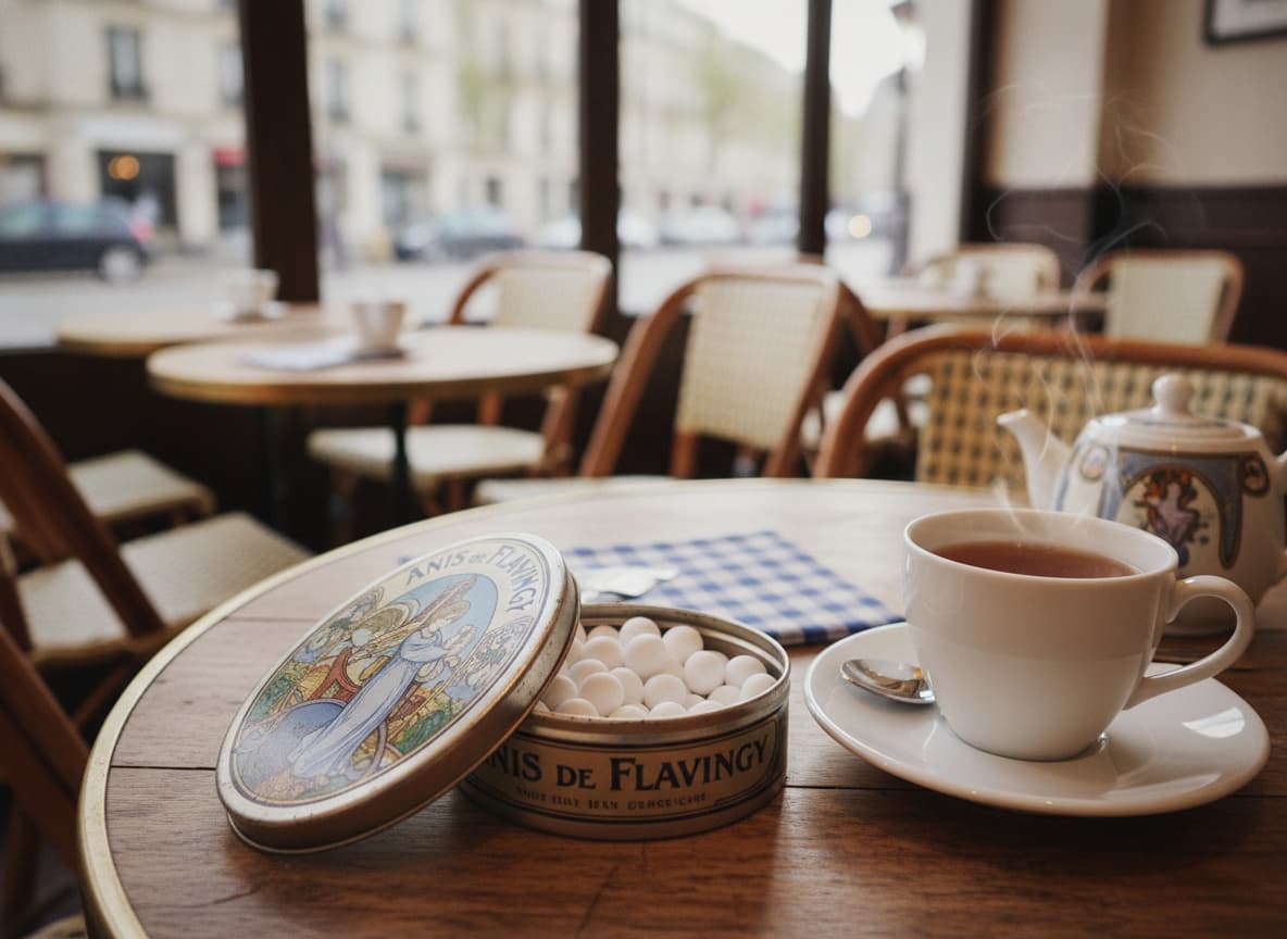 Boîte ovale d'Anis de Flavigny ouverte, montrant de petites dragées blanches à l'anis, à côté d'une tasse de thé sur une table de bistrot dans un cadre de café français.