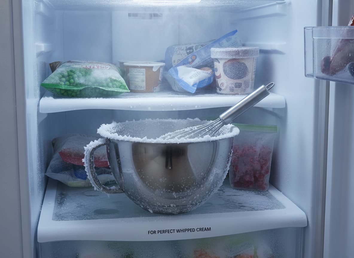 Un bol en inox et un fouet sont placés dans un congélateur ouvert, recouverts de givre, vus à travers la porte.