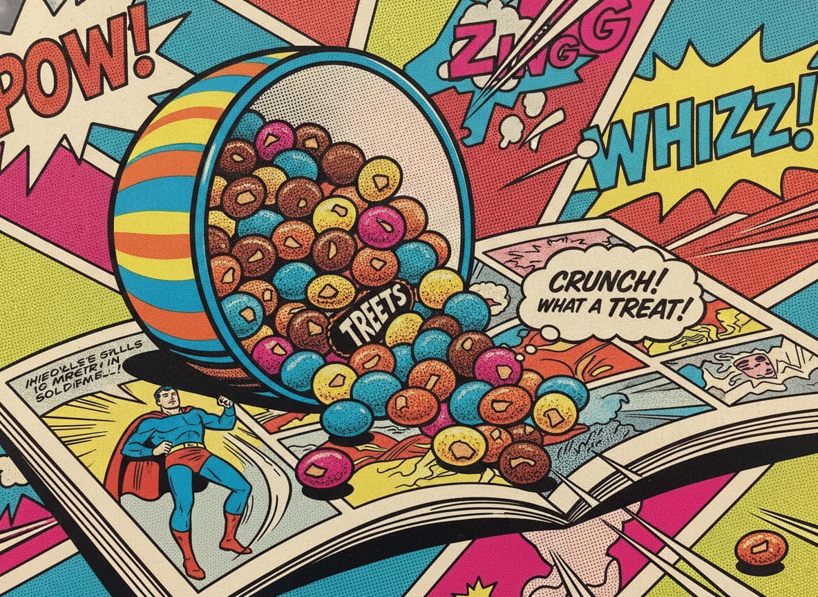 Un bol coloré de Treets, des bonbons chocolatés ronds avec des morceaux de cacahuètes, se renverse sur un comics des années 1960 dans un style pop art lumineux et amusant.