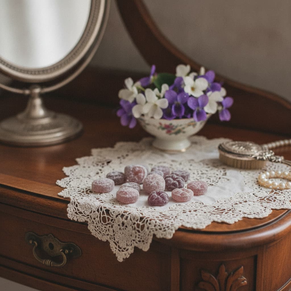 Bonbons violets éparpillés sur un napperon en dentelle, avec des violettes fraîches en arrière-plan, sur une coiffeuse vintage.