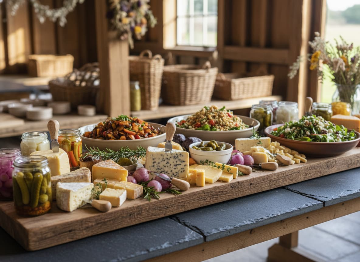 Artisanal cheeses, pickles, and hearty salads arranged on a rustic wooden buffet board with slate textures in the background.