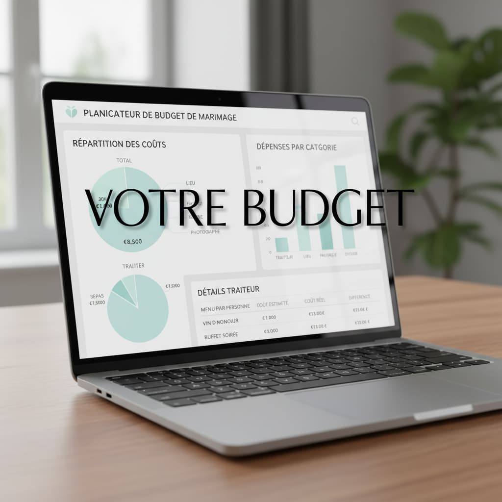 Écran d'ordinateur portable affichant une interface de calculateur de budget de mariage avec des graphiques et une répartition des coûts de traiteur, le titre 'VOTRE BUDGET' en superposition.