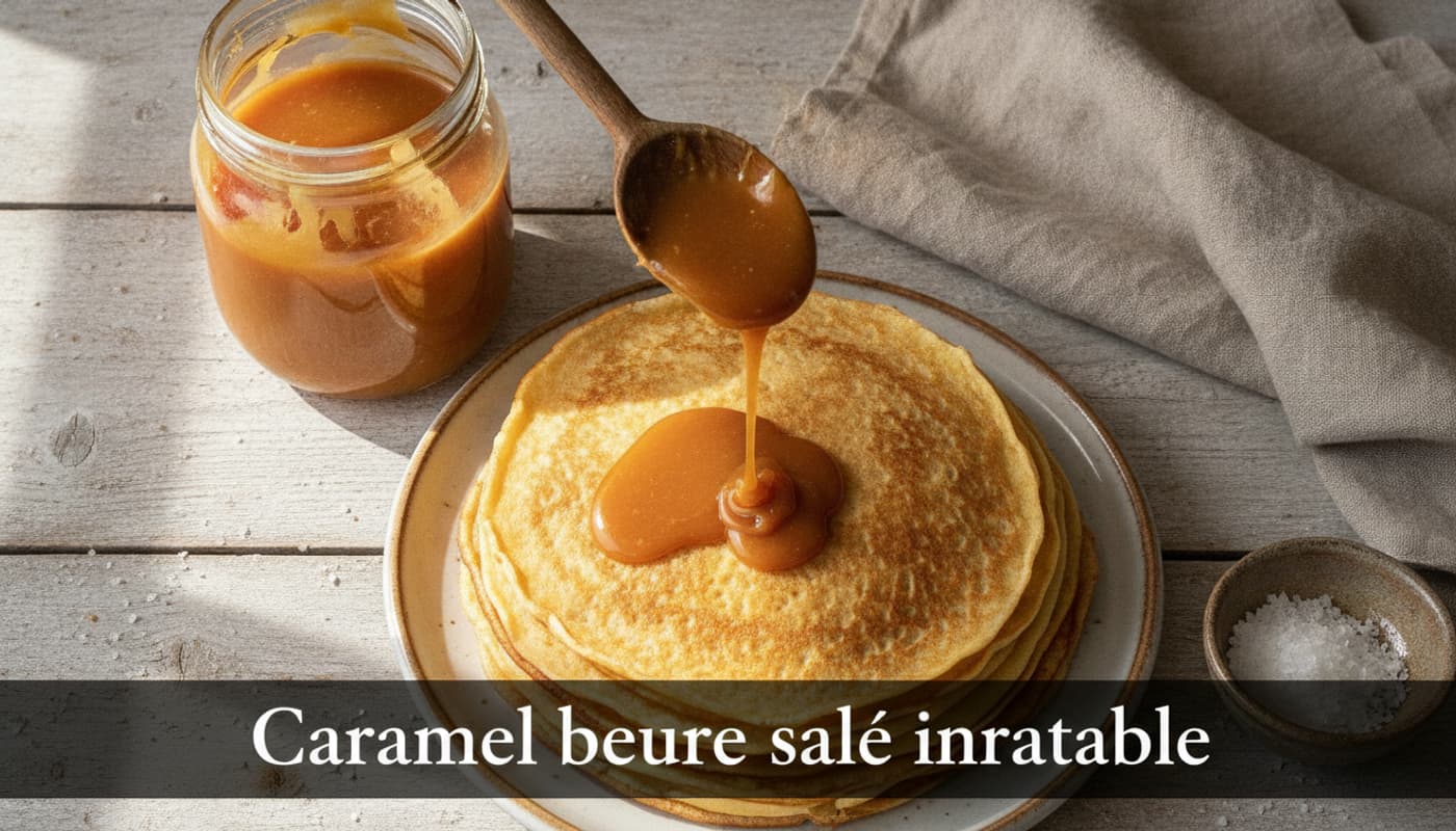 Pot en verre de caramel au beurre salé avec une cuillère en bois versant sur une pile de crêpes chaudes, une serviette en lin et un petit bol de fleur de sel, éclairage naturel doux.