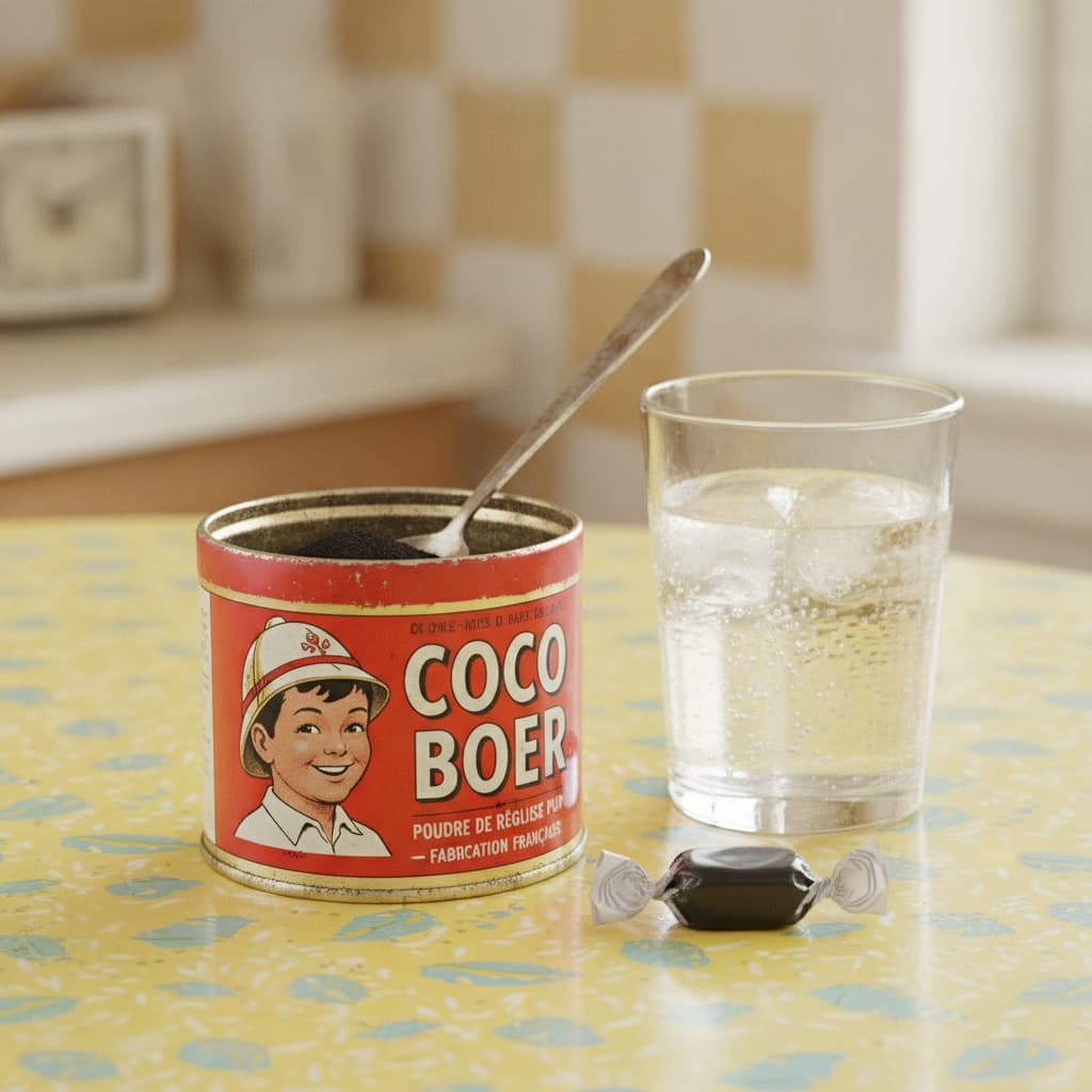 Une boîte de poudre de réglisse Coco Boer vintage avec une cuillère, un verre d'eau et une pastille de réglisse sur une table en formica des années 1960.