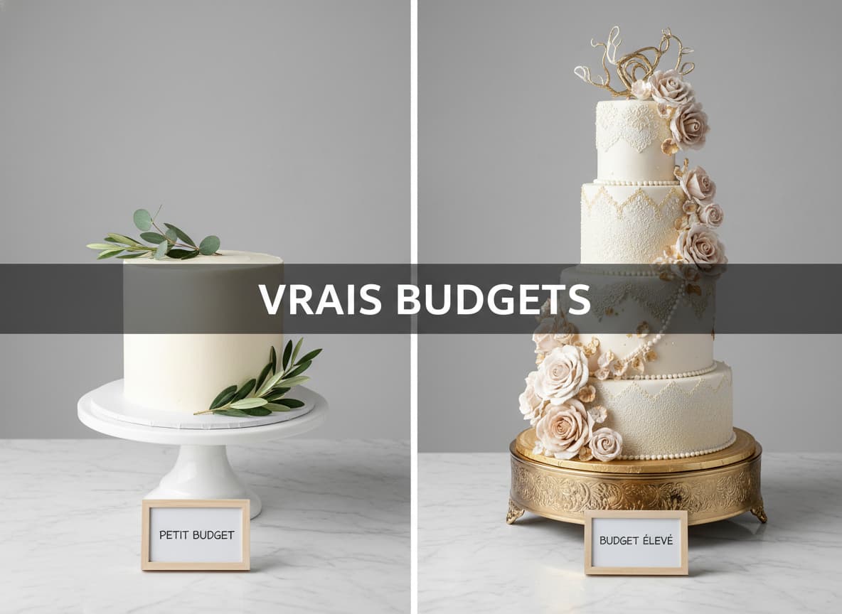 Composition split-screen avec deux gâteaux de mariage : un simple à un étage sur fond clair, un multi-étages artistique sur fond foncé, avec texte 'VRAIS BUDGETS' superposé.