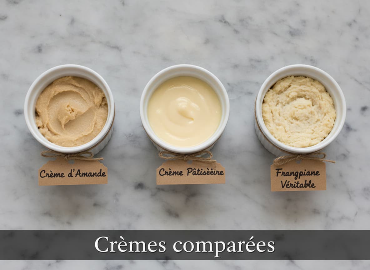 Trois petits ramequins blancs sur un marbre, chacun contenant une préparation aux amandes différente, avec des étiquettes manuscrites et un bandeau sombre en bas portant le texte 'Crèmes comparées'.