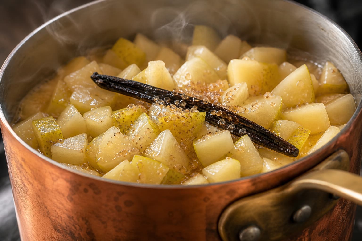 Gros plan sur des dés de poires Conference mûres mijotant dans une casserole en cuivre, avec une gousse de vanille fendue et du sucre de canne parsemé, une fine vapeur s