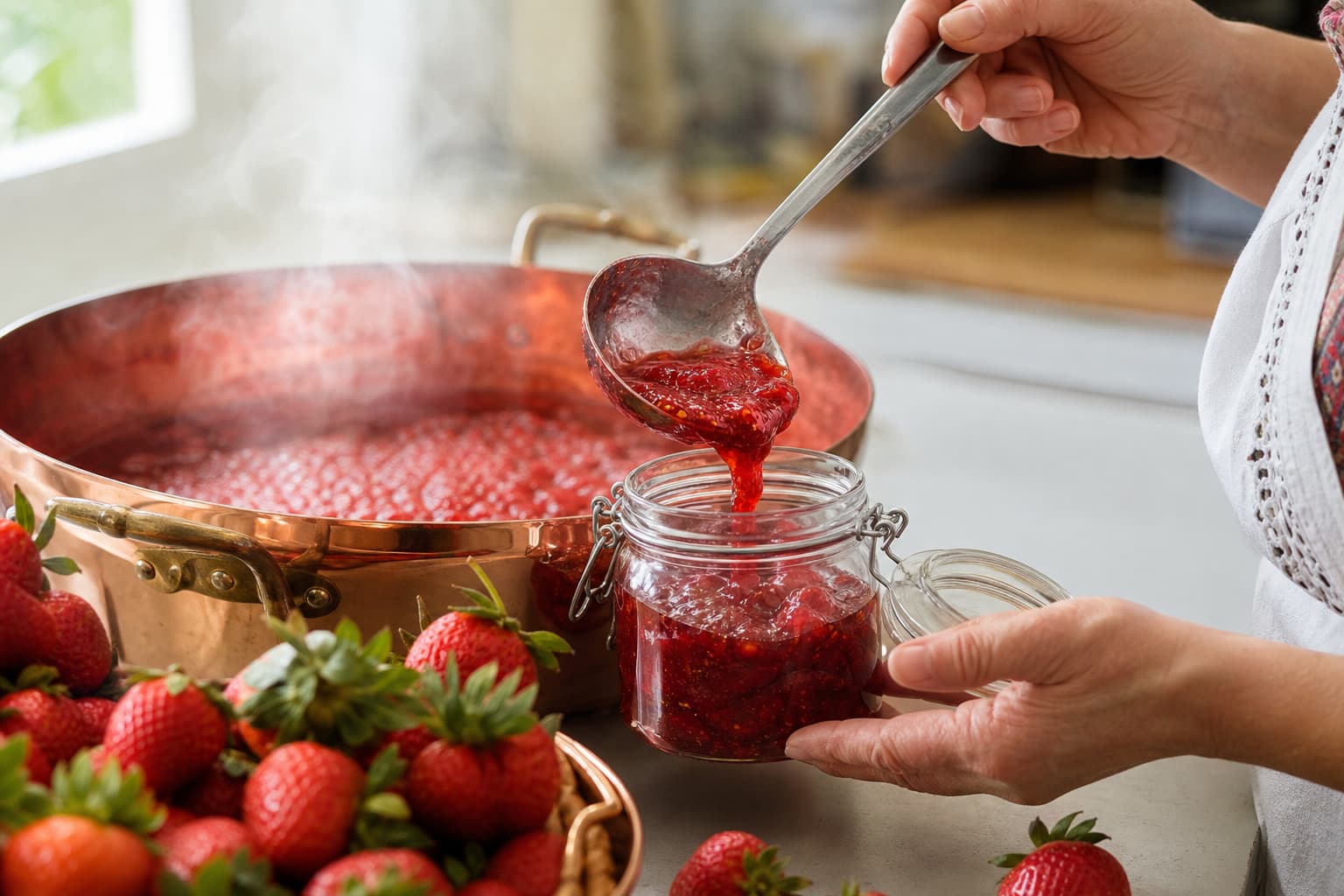 Deux mains versent délicatement une confiture de fraise rouge vif et bouillonnante d
