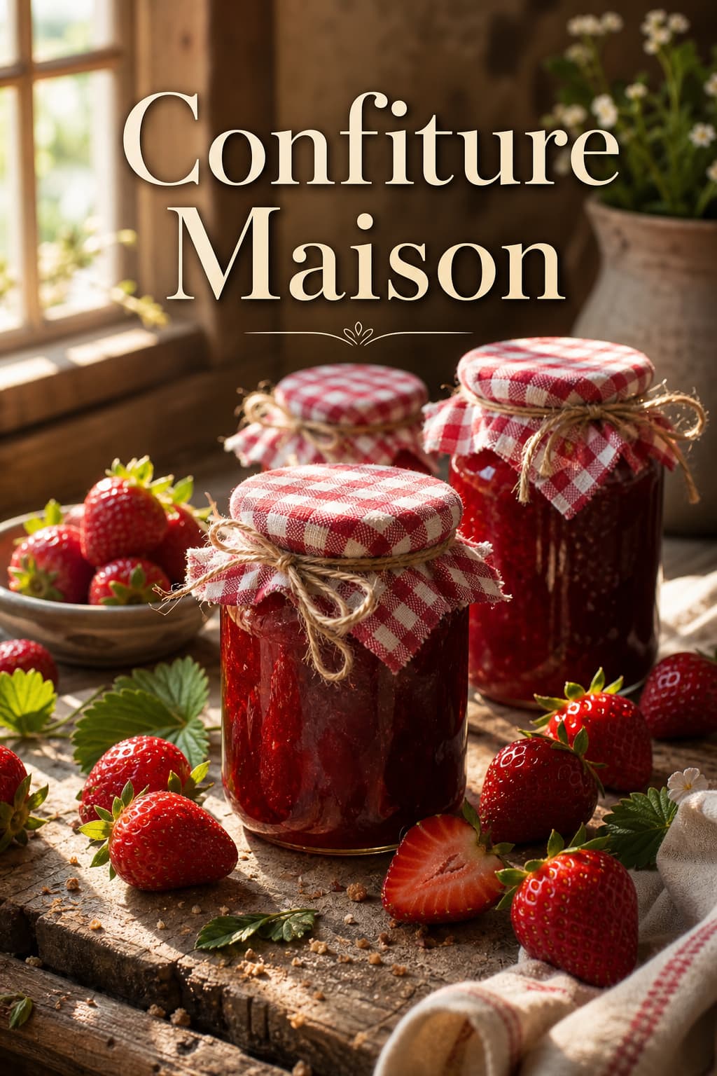 Plusieurs bocaux en verre de confiture de fraises maison avec couvercles à carreaux rouges et blancs sur une table en bois, entourés de fraises fraîches, dans la lumière matinale, le texte 