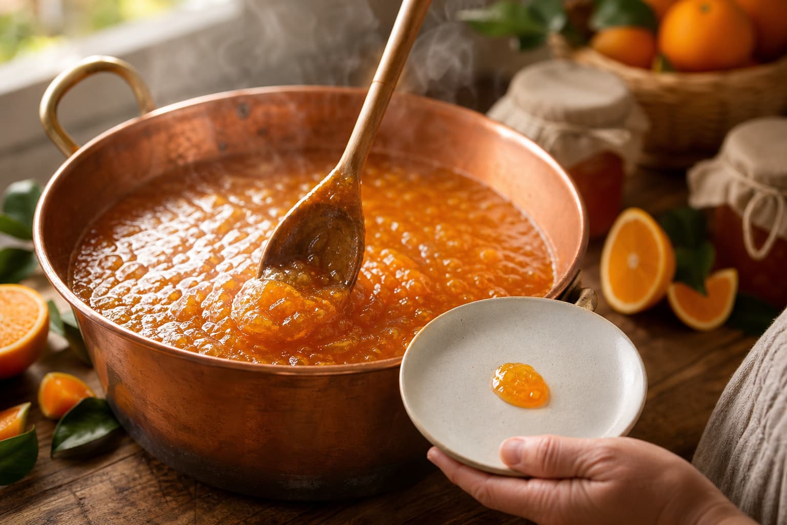 Une casserole en cuivre contenant de la confiture d