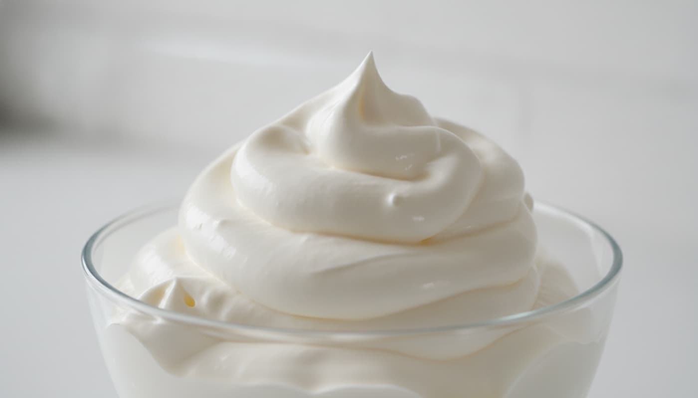 Gros plan d'une spirale de crème chantilly parfaitement montée dans un bol en verre, avec des pics fermes et une texture soyeuse, lumière naturelle douce.