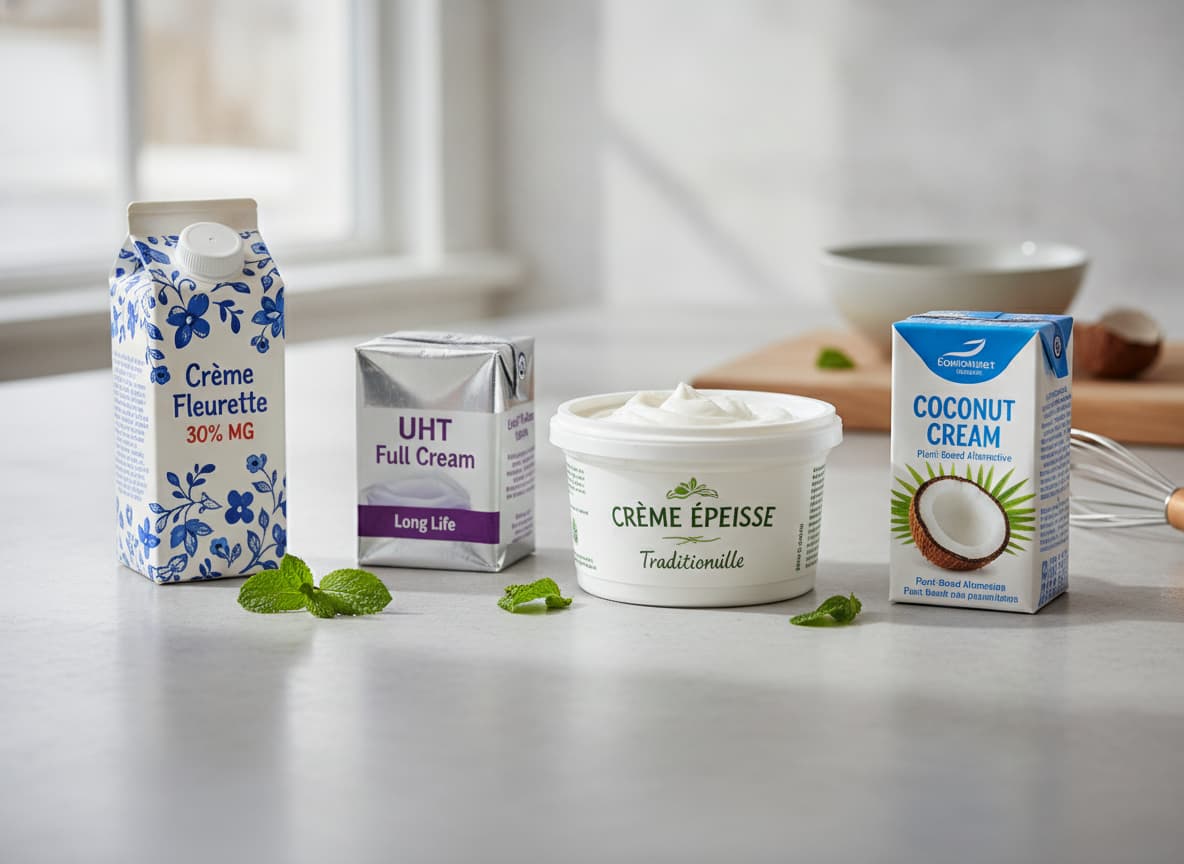 Plusieurs contenants de crème alignés sur un comptoir de cuisine : un carton de crème Fleurette 30% MG, une brique de crème UHT, un pot de crème épaisse et un petit carton de crème de coco, éclairés par la lumière naturelle d'une fenêtre, vue de dessus.